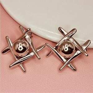 Silver Geometric Crisscross Orb Stud Statement Earrings